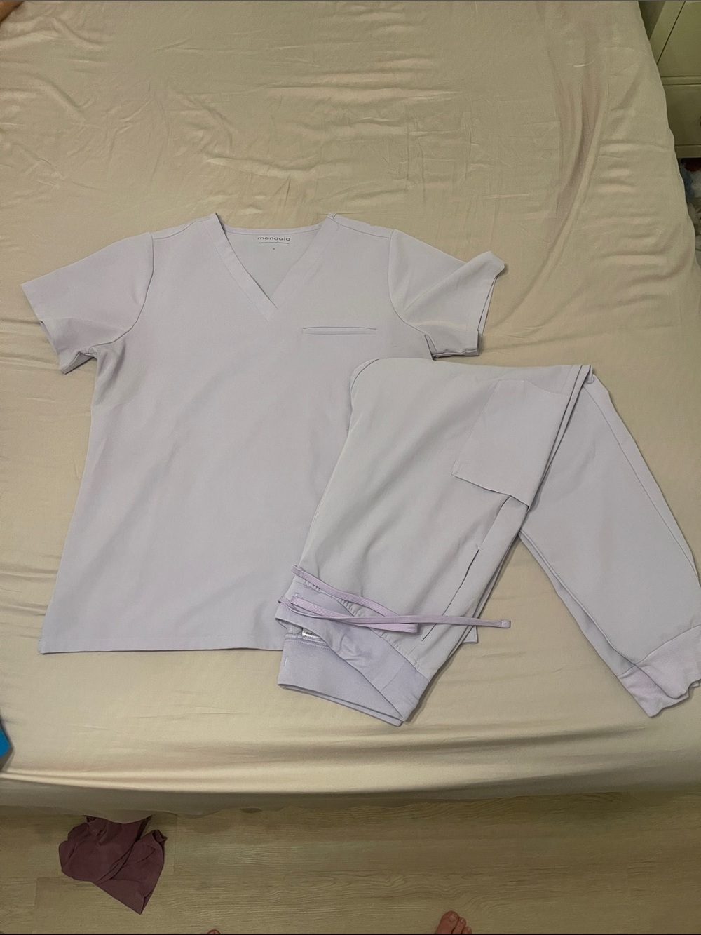Mandala light lavender v neck and jogger scrub set